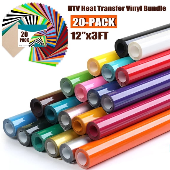 20 Pack Heat Transfer Vinyl Rolls 12"x3FT, HTV Vinyl Bundle for DIY T-Shirts & Crafts