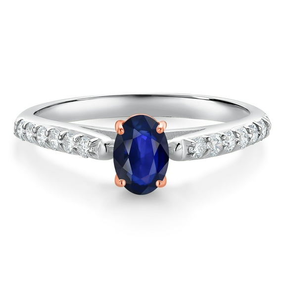 Gem Stone King 10K Two Tone Gold Blue Sapphire and White Lab Grown Diamond Ring for Women (0.73 Cttw, Gemstone September Birthstone, Oval 6X4MM, Size 8)
