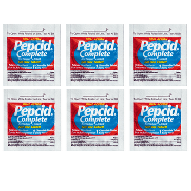 Pepcid Complete Dual Action Acid Reducer and Antacid Chewable Berry Flavor on The Go Convenience Packets Individually Sealed, 1 Tablet Per Packet, UNBOXED (6 Pack)