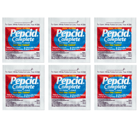 Pepcid Complete Dual Action Acid Reducer and Antacid Chewable Berry Flavor on The Go Convenience Packets Individually Sealed, 1 Tablet Per Packet, UNBOXED (6 Pack)