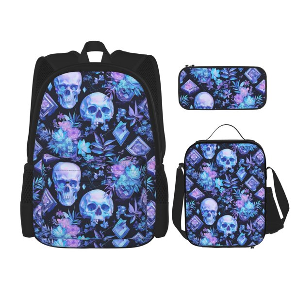 Balery Skull blue crystal flower Mochila Escolar 3 en 1 para Niños - Mochila Resistente con Lonchera Térmica y Estuche - Mochila Escolar para Niños y Niñas