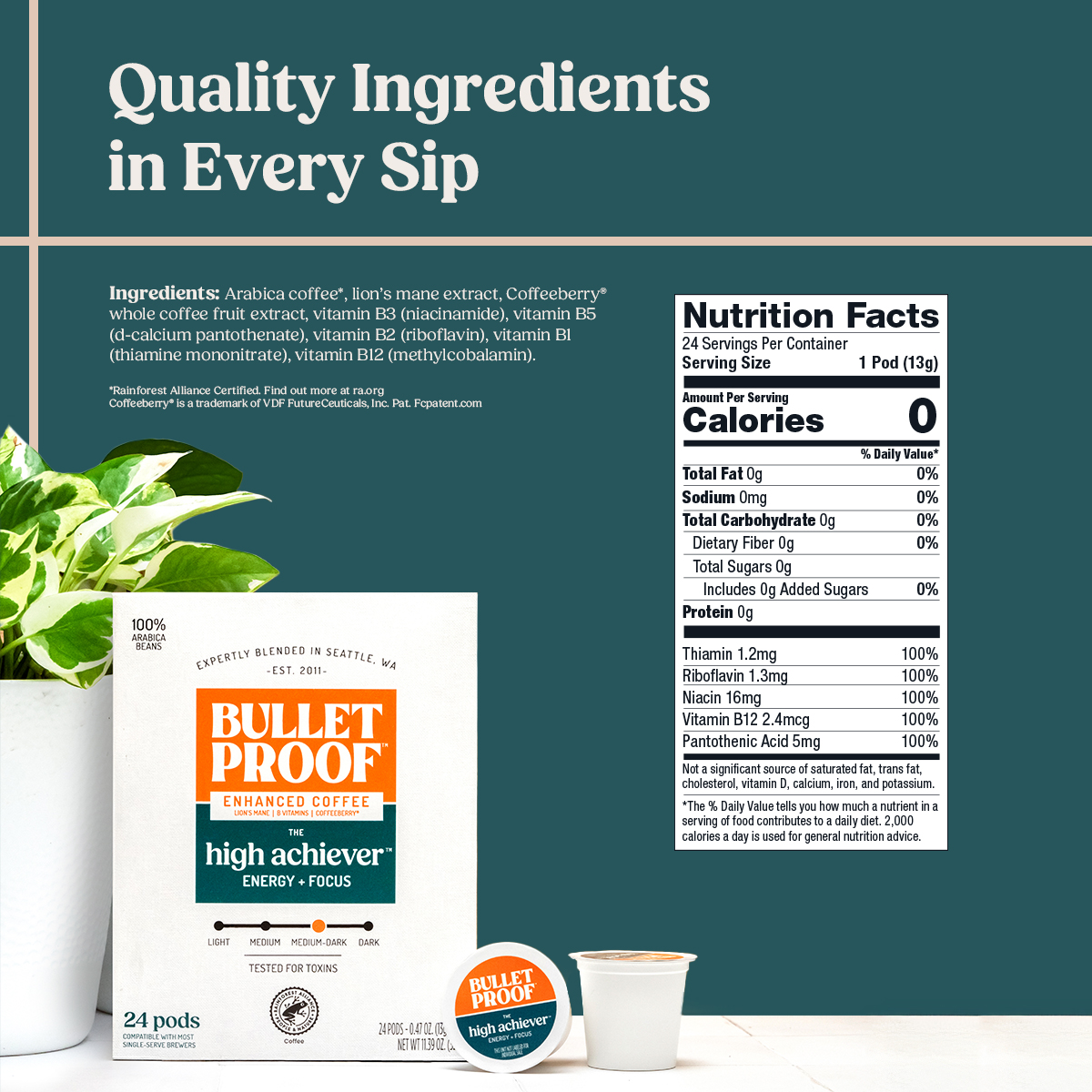 Bulletproof The High Achiever Single-Serve Pods, 24 Count, Nootropic Mushroom Coffee for Energy, w/ B Vitamins, Lion’s Mane and Coffeeberry, Medium-Dark Roast