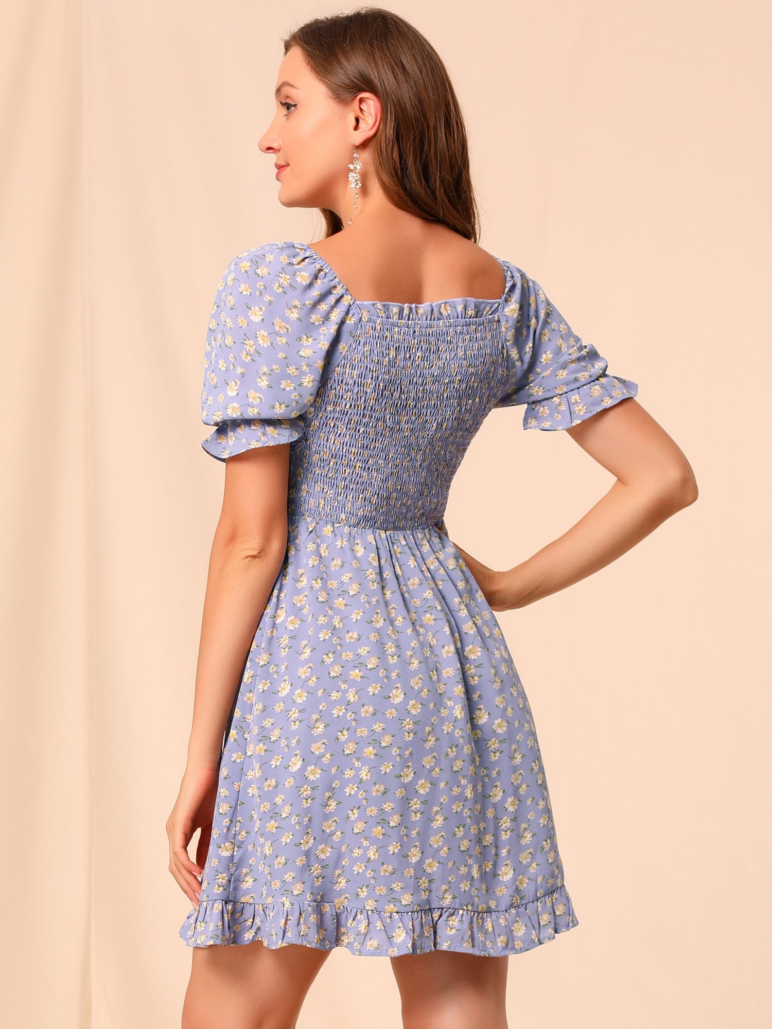 DARING DIVA Puff Sleeve Back Smocked Sweetheart Neck Ruffled Hem Dress S Purple