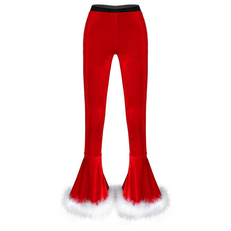 DPOIS Women's Velvet Christmas Miss Santa Pants Faux Fur Trim Flare Trousers  Red L 