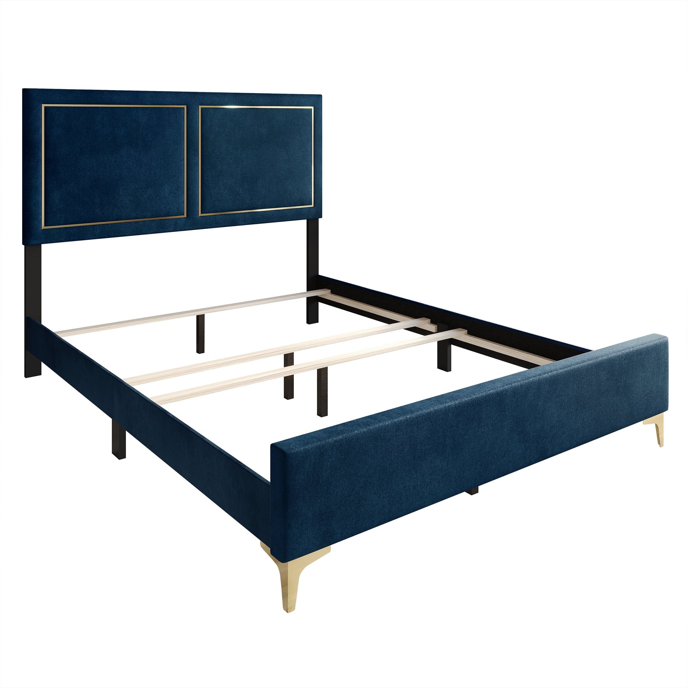 Castle Place Glam Velvet Upholstered Full Bed, Navy Blue
