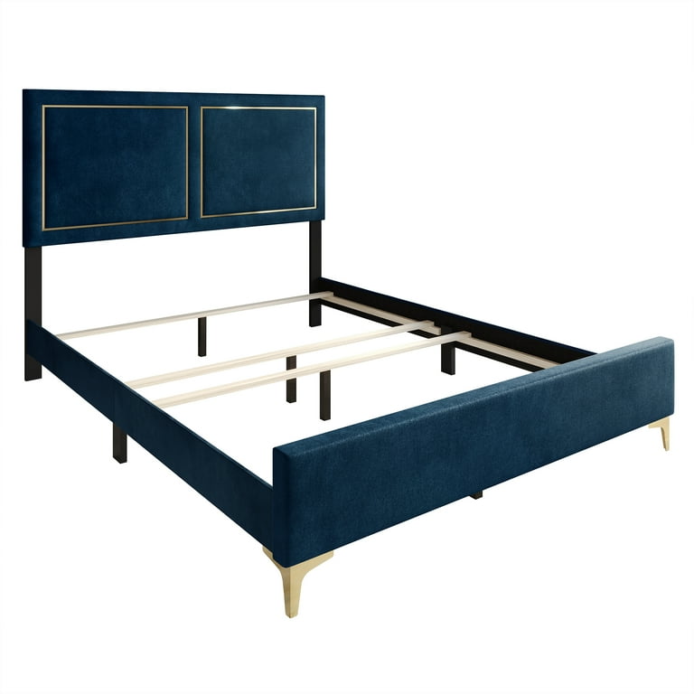 CraftPorch Minimalist Upholstered Velvet Bed King Blue