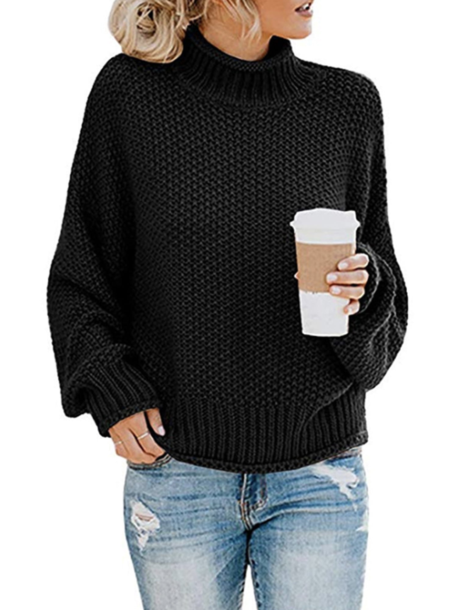 Womens Ladies Baggy Long Sleeve Knitted Plain Chunky Top Sweater Jumper 