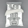 thumbnail image 2 of Hamsa Duvet Cover Set, Monochrome Oriental with Blooming Lotus Fish and Eye Motifs Graphic Art, Bedding Set with Shams and Fitted Sheet, 3 Sizes, by Ambesonne, 2 of 3