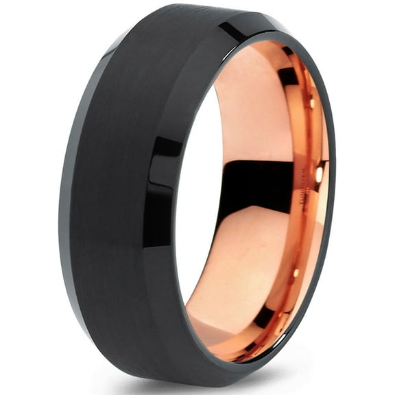 P. Manoukian Tungsten Wedding Band Ring 8mm for Men Women Black & 18K Rose Gold Plated Beveled Edge Brushed Polished Lifetime Guarantee Size 4