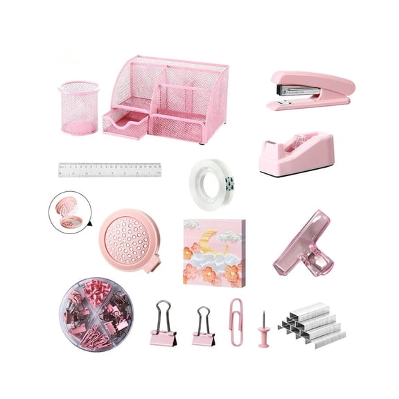 Arcticwind 12 Pack Office Supply Set Stapler Set Stationery Supplies Include Paper Stapler,Staple Remover,Scissors,Staples,Clips,Transparent Tape,Notes,Desktop Organizer,Pen Holder,etc,Pink