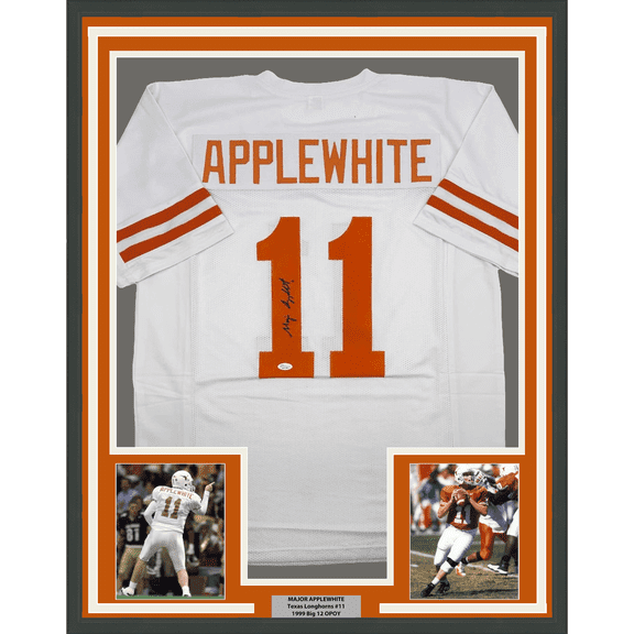 Framed Autographed/Signed Major Applewhite 35x39 Texas White College Football Jersey JSA COA