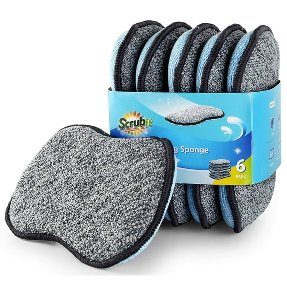 Scrub-it Kitchen Cleaning Sponges, Dual-Sided Microfiber and Scour Pad for Pots Pans Countertops, Durable Dish Sponge 6 Pack, Large, Gray