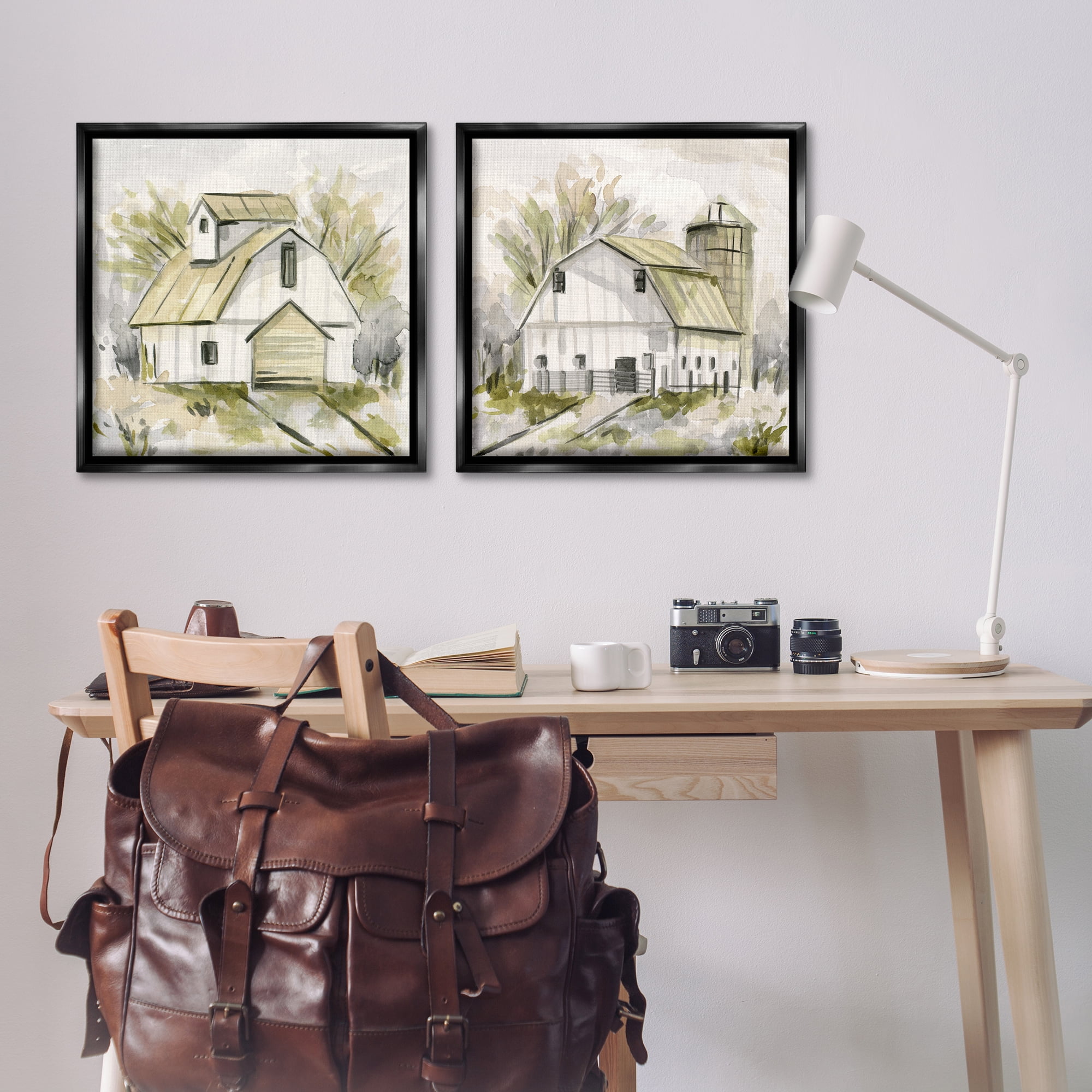 Stupell Industries Sketch Drawing Barn Silo Landscape & Nature Painting Black Floater Framed Canvas Art Print Wall Art, 25 x 25, Set of 2