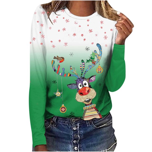 Camisas Navideñas Para Mujer Tops de Manga Larga Jersey de Cuello Redondo Informal Con Estampado de Ciervos en 3D Odeerbi ODB199901