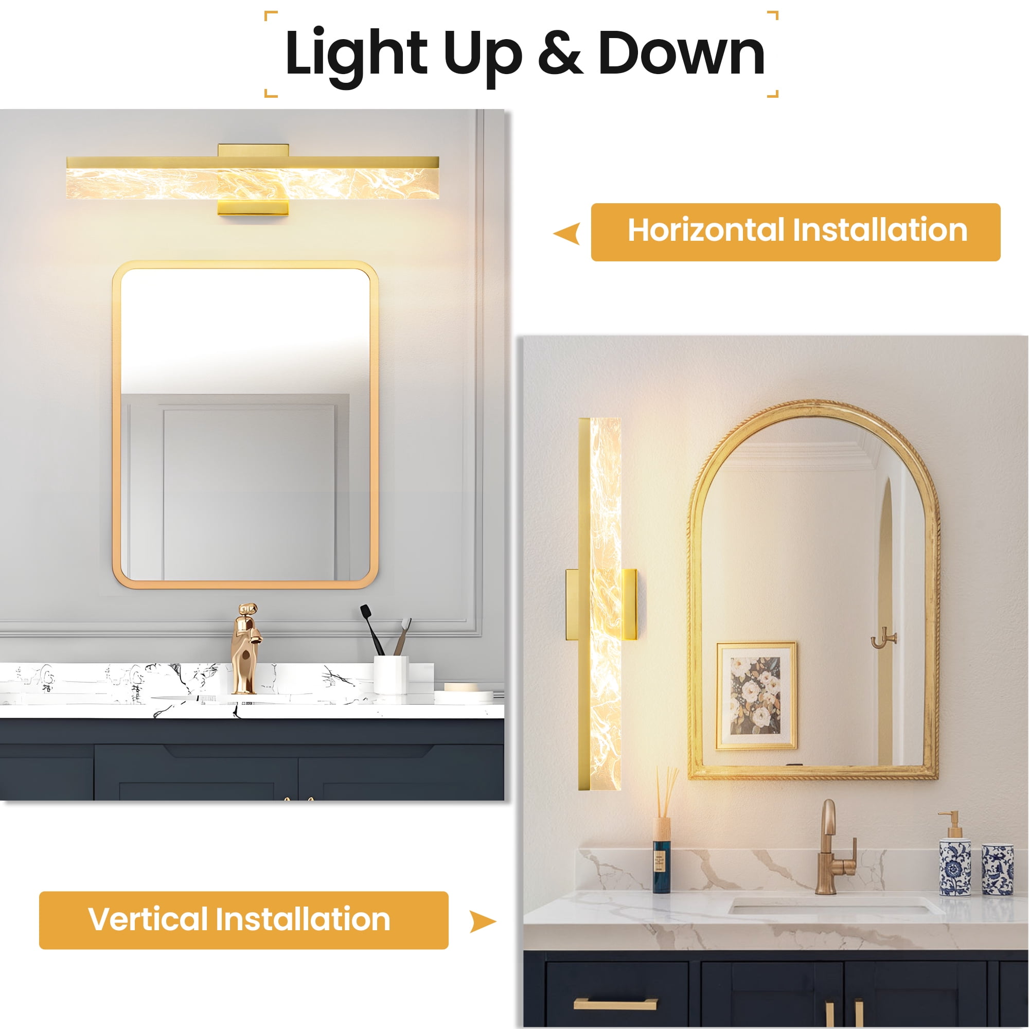 Gold Bathroom Light Fixtures 24 inch Dimmable Metal Wall Sconce Fixtures Over Mirror LED Vanity Light Bar for Restroom Mirror 3000K Warm White Light