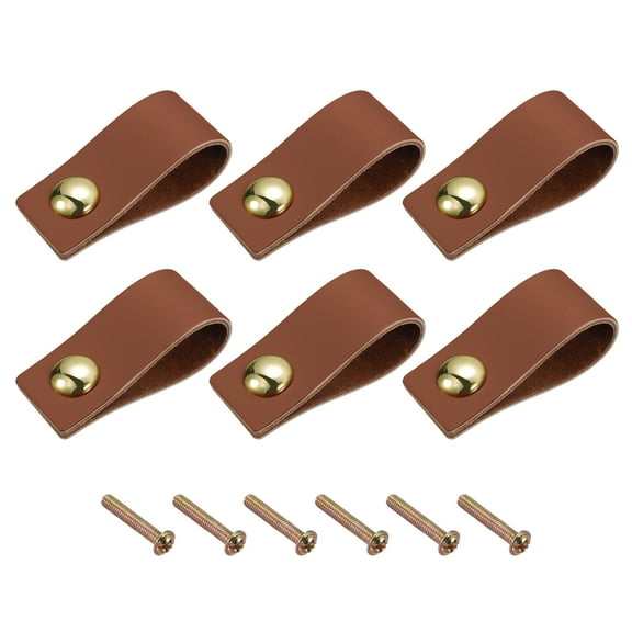 Leather Drawer Pulls, 2.52" 6Pack Surface Leather Furniture Handles Dresser with Screws, Brown+Gold