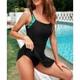 thumbnail image 4 of Women's Black Floral Trim Ruched Tummy Control One Piece Swimdress, 4 of 19