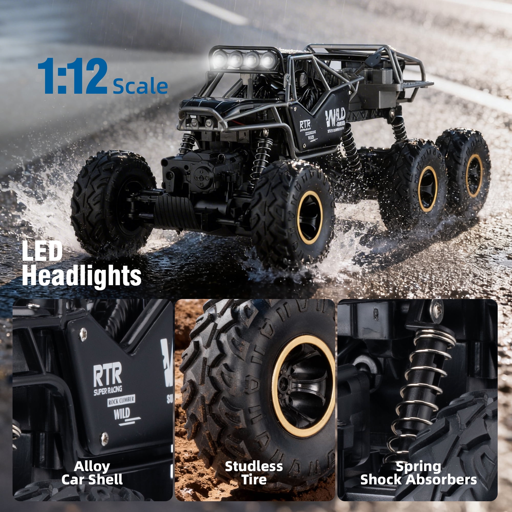 Furnibear 1:12 RC Car for Kids Adults,6WD Monster Truck Remote Control Car,2.4Ghz Waterproof All Terrain Off Road RC Truck Toy Gifts for Boys and Girls
