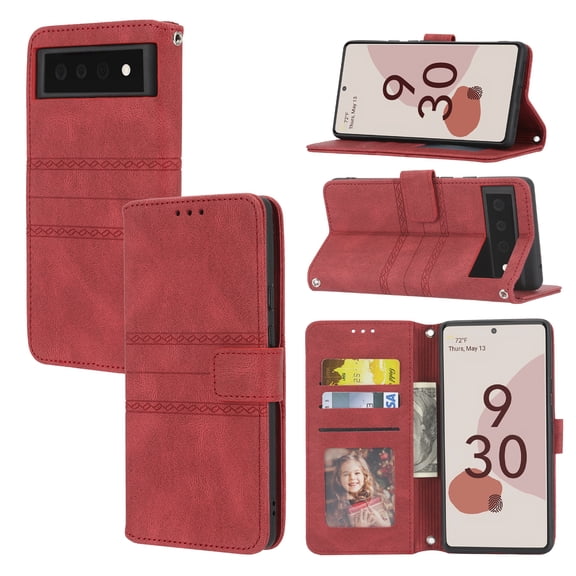 For Google Pixel 6 Flip Case, Premium PU Leather Folio Flip with Design Card Slots Wrist Strap Shockproof Kickstand Magnetic Protective Girls Cover For Google Pixel 6, Red