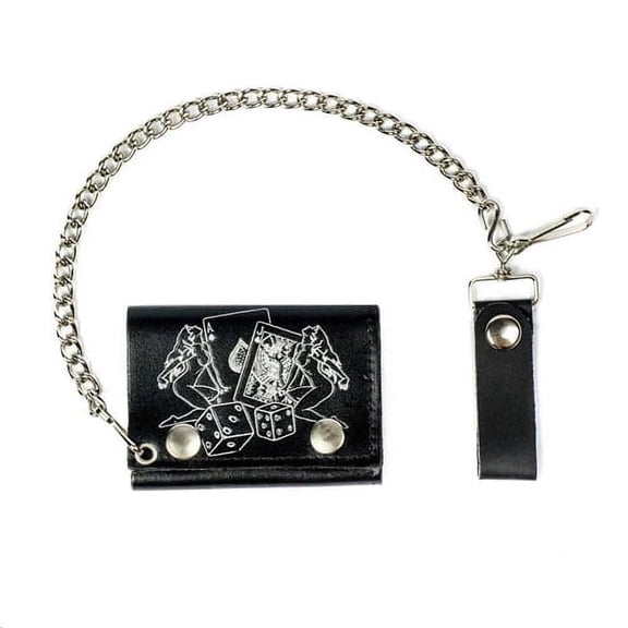 Men's Lady Luck Black Leather Chain Wallet, Tri-Fold, USA Made