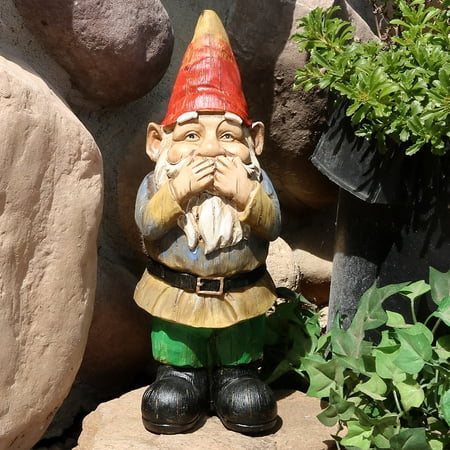 Sunnydaze Garden Gnome Seth Speaks No Evil Lawn Statue, Outdoor Yard Ornament, 12 Inch Tall