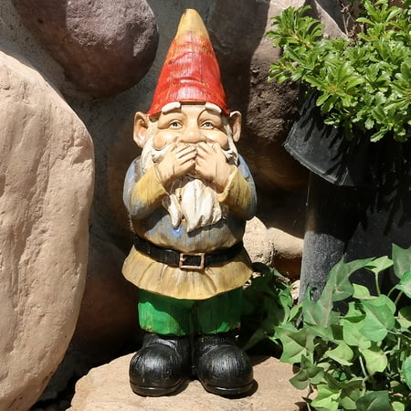 Stone Garden Gnomes Sunnydaze Garden Gnome Seth Speaks No Evil Lawn Statue, Outdoor Yard Ornament, 12 Inch Tall ()