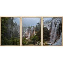 wall26 3 Panel Framed Canvas Wall Art - Landscape Waterfall on The Cliff in Mountains - Giclee Print Gallery Wrap Modern Home Art Ready to Hang - 24"x36"x3 NATURAL