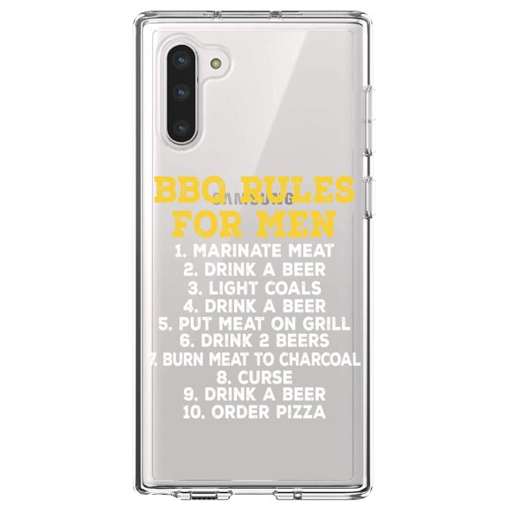 DistinctInk Clear Shockproof Hybrid Case for Samsung Galaxy Note 10 (6.3" Screen) - TPU Bumper Acrylic Back Tempered Glass Screen Protector - BBQ Rules for Men