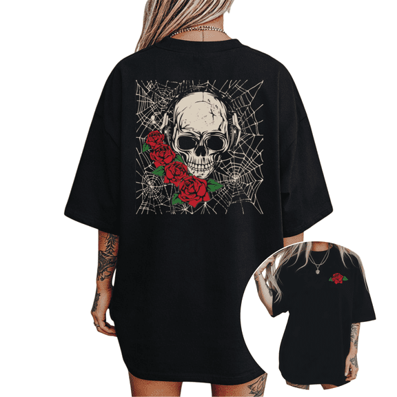 UNISHE Women's Skull with Roses and Spiderweb Graphic Short Sleeve T-Shirt Casual Cotton Crewneck Top