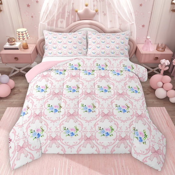 jejeloiu Vintage Baroque Flower Bedding Comforter Set,Girls Pink Bowknot Twin Comforter Sets,Flower Floral Bedding Set For Kids,Super Cozy Room Decor Reversible,2pcs