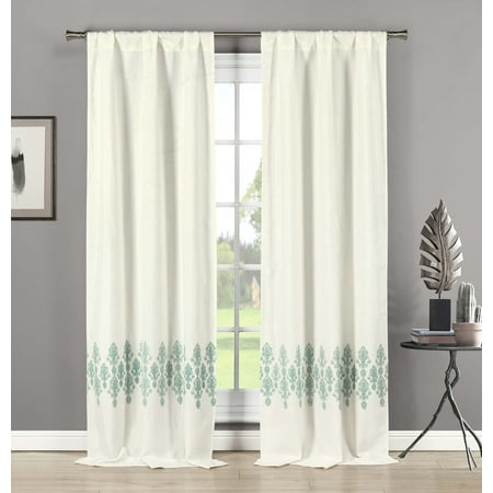Long Medallion - Set of 2 Linen Window Curtain Panels Embroidered Medallion Design Rod Pocket Hang 2 Ways 84in Long (Blue)