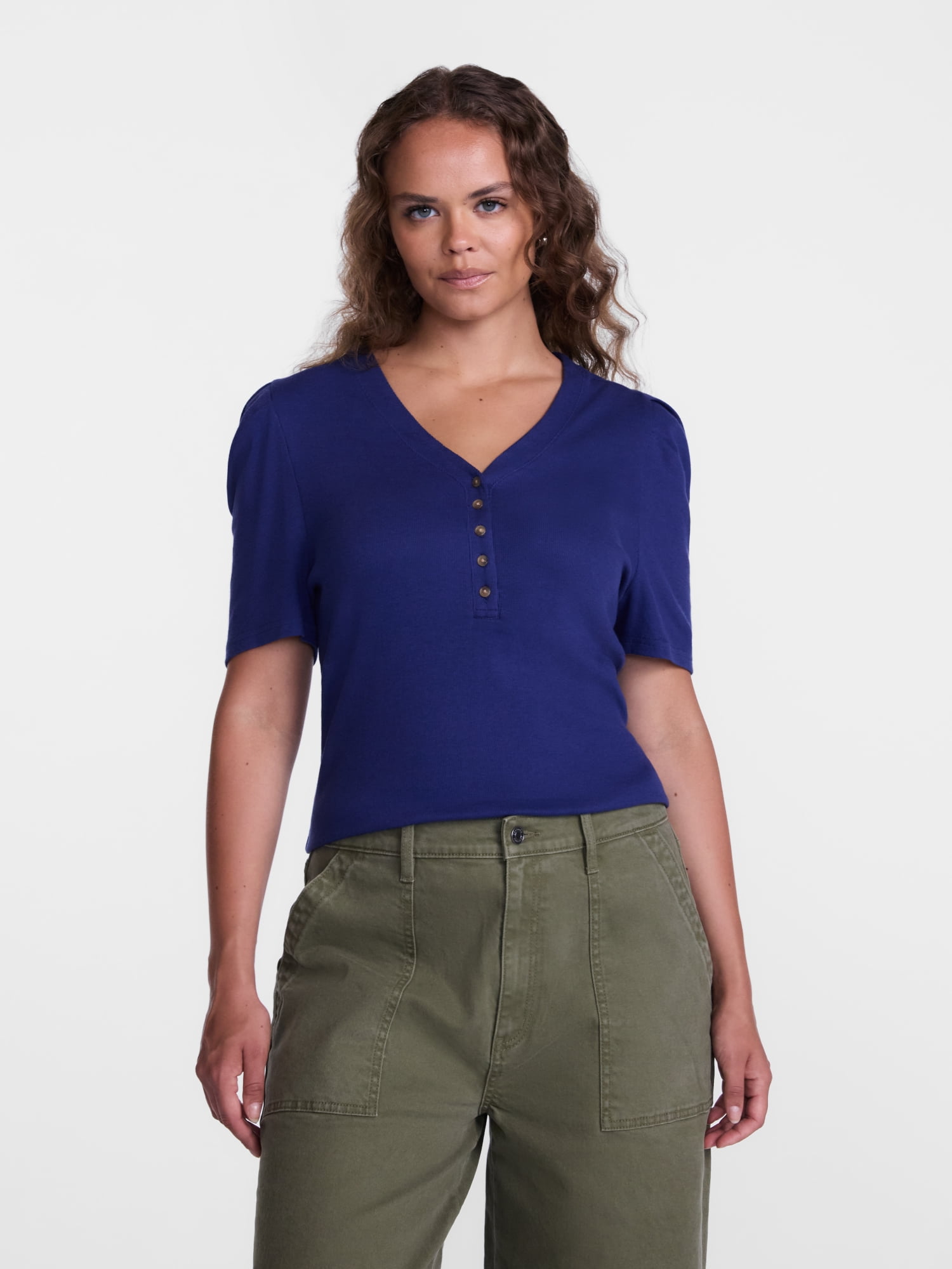 Scenario Women's V-Neck Henley Top with Short Puff Sleeves, Sizes XS-XXXL