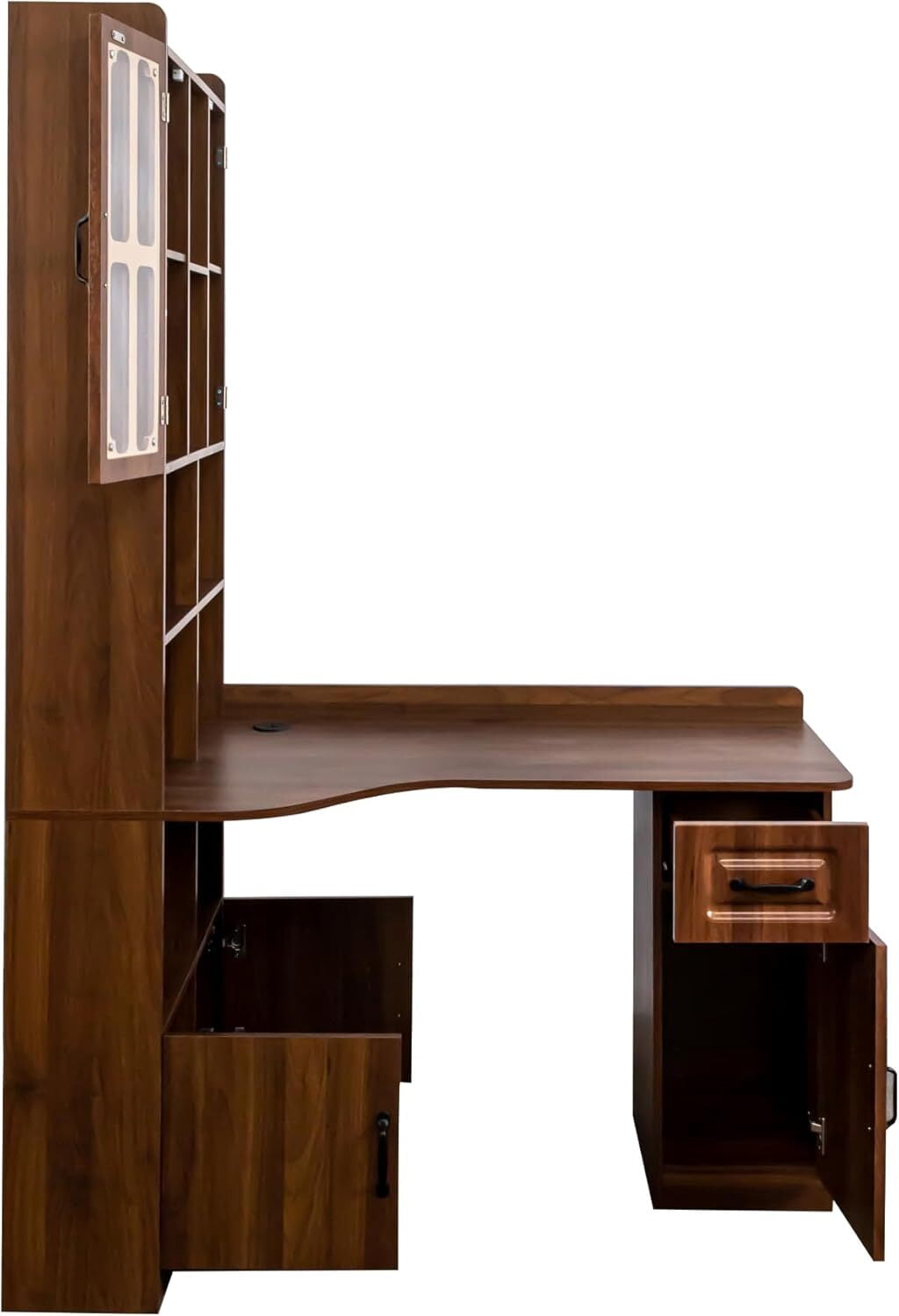 Modern L-Shaped Desk with Hutch & Bookshelf, Corner Home Office Desk with Drawers, 2-in-1 Design for Study, Executive Desk with Large Work Space, Ideal for Home Office & Study Room, Walnut