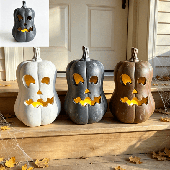 Halloween Decorations Outdoor - Fall Decor - 7.5"H Black Handmade Resin Jack O Lantern Pumpkin - Indoor Outside Gothic Festival House Centerpiece Decoration for Table Garden Living Room Mante