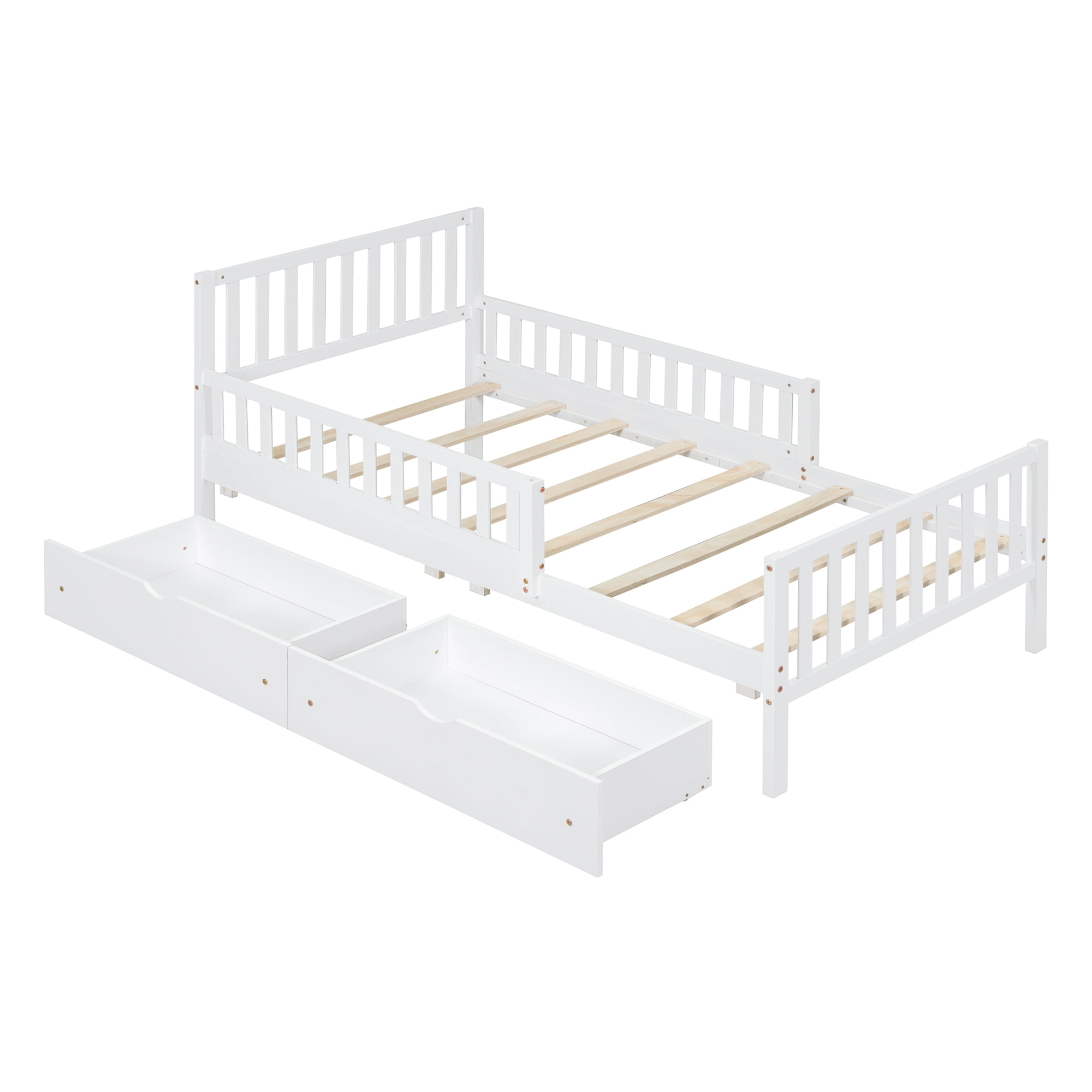 Aukfa Twin Platform Bed with Storage Drawers and Safe Rails, Wood Bed Frame, White