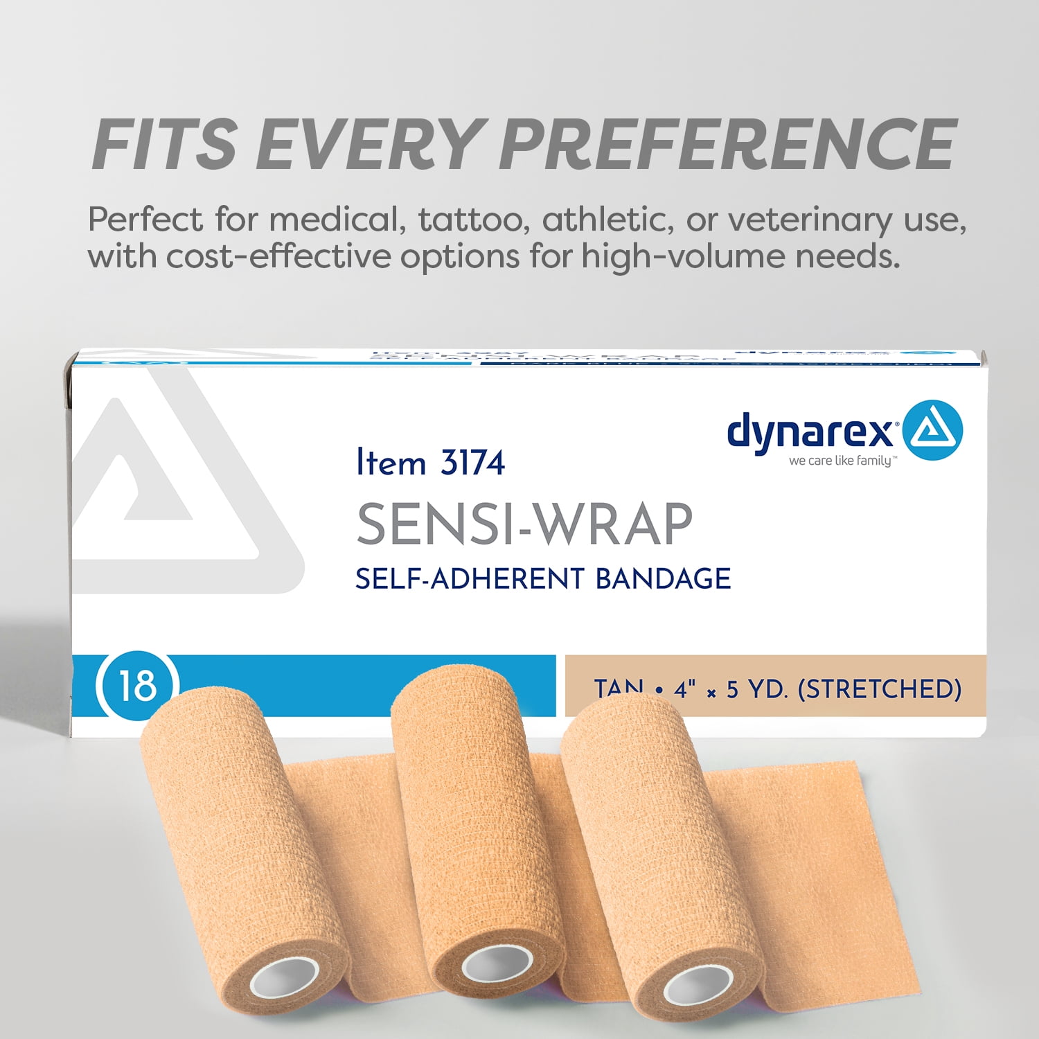 Dynarex Sensi-Wrap Self-Adhesive Bandages, 18-Pack, 4" x 5 yards, Tan, Latex, Colored Elastic Cohesive Athletic Tape, Tattoo Grip & Vet Wrap