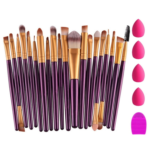 Fofosbeauty 20 Pcs Pro Makeup Set Powder Travel Size Brushes Set Foundation Eyeshadow Eyeliner Lip Cosmetic Brushes (Purple+Gold),4Pcs Beauty Blender Sponge Set and 1 Brush Cleaner