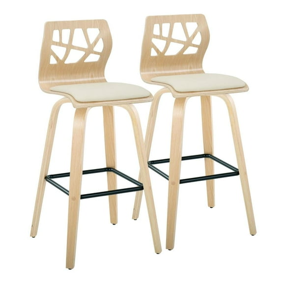 LumiSource Black Metal, Natural Wood, Cream PU Folia 30" Fixed-Height Barstool - Set of 2