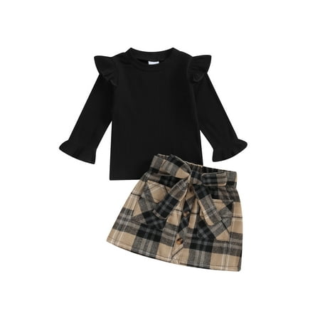 

Bagilaanoe 2Pcs Toddler Baby Girls Fall Clothes Ruffles Ribbed Long Sleeve Tops + Plaid Skirt with Belt 6M 12M 18M 24M 3T 4T Kids Casual Skirt Set