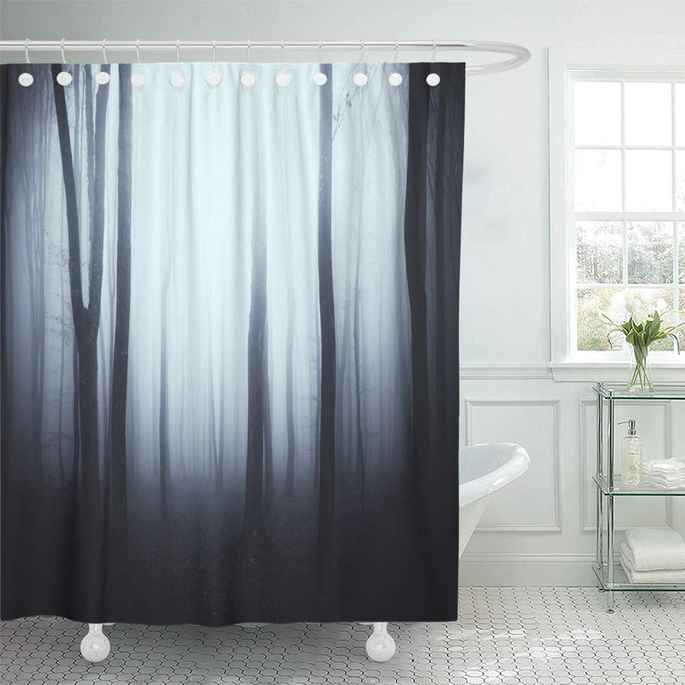 Halloween Crows Foggy Woods Black White Waterproof Fabric Shower Curtain Set 72" 