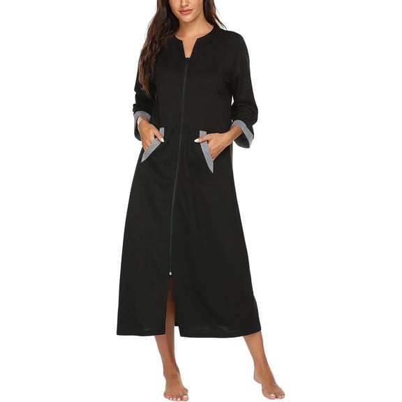 KISSGAL Women Zipper Front Robes 3/4 Sleeve Housecoat Full Length Loungewear Dress with Pocket Long Nightgown Sleepwear Bathrobes