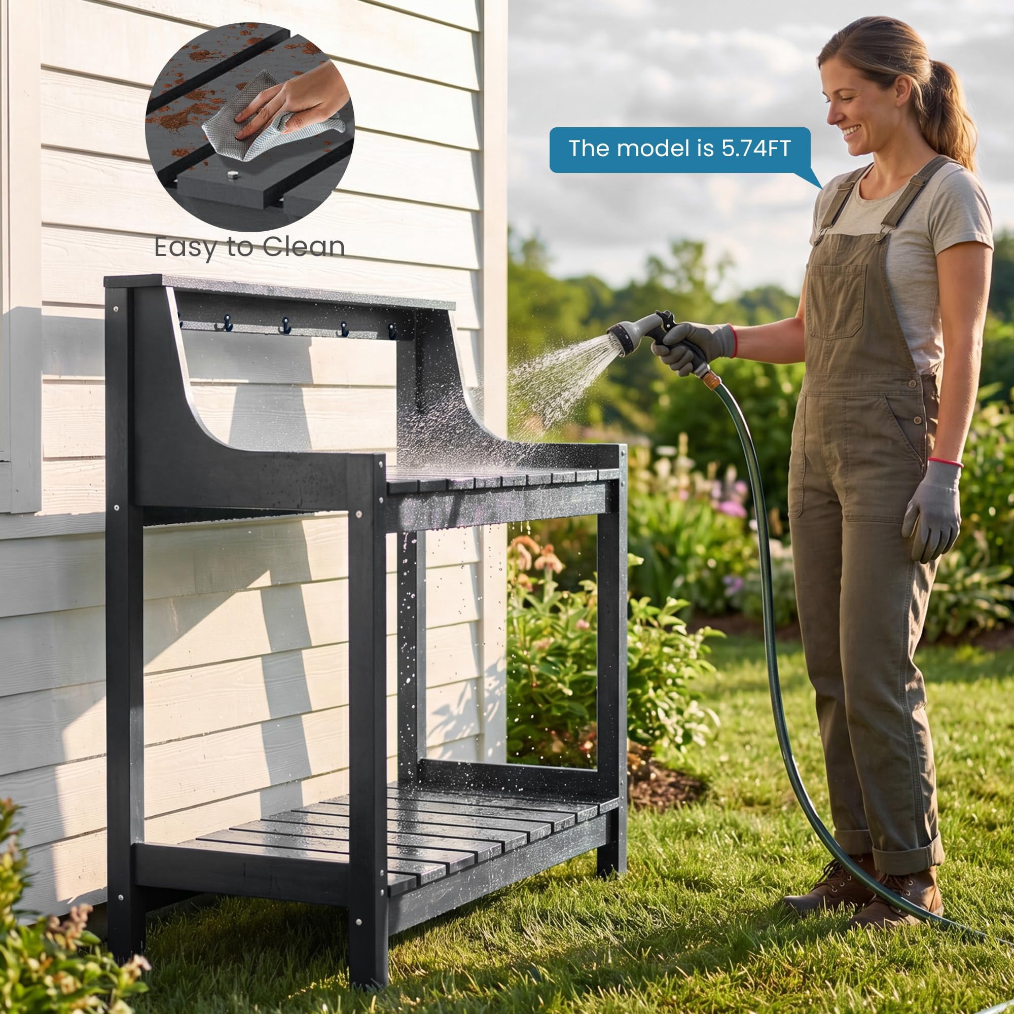 HDPE Potting Bench, All-Weather Outdoor Potting Table with 3-Tier Storage, 43.3” Ergonomic Height Garden Workstation for Patio Backyard Garden, Gray