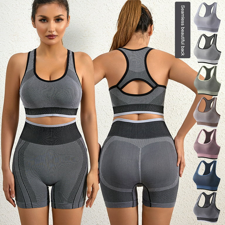 rygai 2Pcs/Set Women Vest Shorts High Stretch Beauty Back Seamless  Shockproof Push Up Sports Underwear Set Yoga Clothes,Black,L 