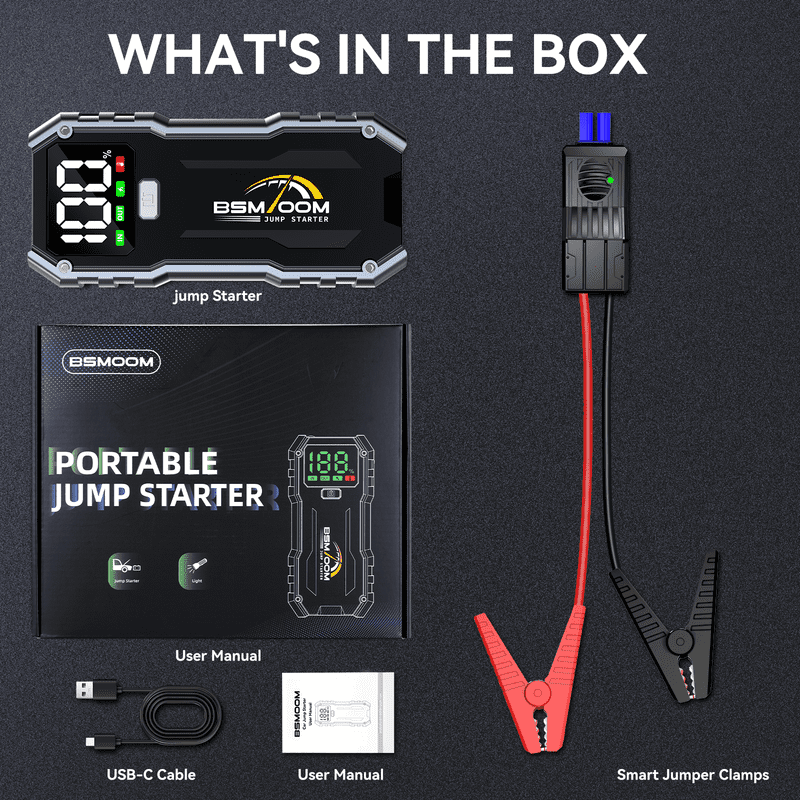 BSMOOM 7000A Car Jump Starter, 26800mAh Car Jump Starter Battery Pack for up to All Gas/10.0L Diesel Engines, 12V Portable Jump Box with LED Display, LED Light, Power Bank with Type-C Port