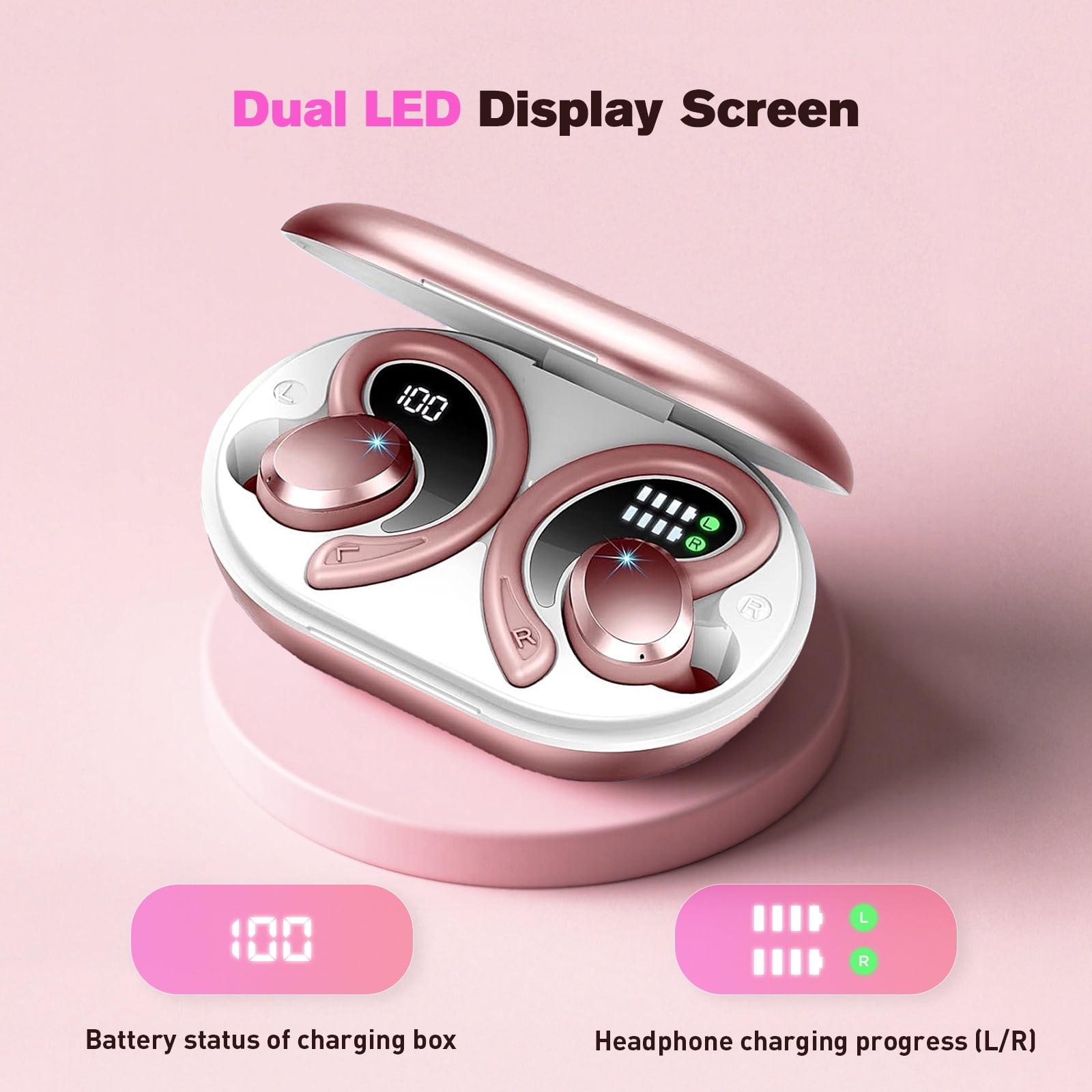 Wireless Earbuds Bluetooth Headphones - ETEPPEHI Bluetooth 5.3 Stereo Ear Buds with Earhooks, ENC Noise Cancelling Mic, IP7 Waterproof Earphone for Workout/Running, Pink