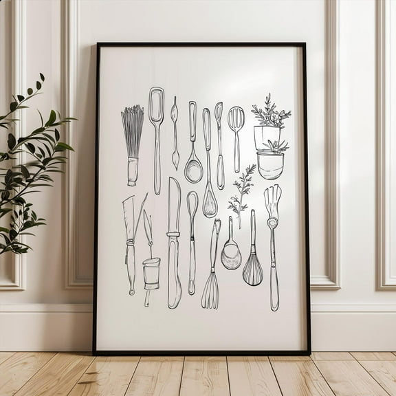PosterArt Kitchen Tools Poster, Minimalist Line Art, Black and White Kitchen Wall Decor, 8x12 UNFRAMED