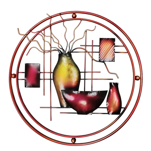 LiviNest 22 Inch Round Metal Wall Decor with Vase, Multicolor Indoor Art