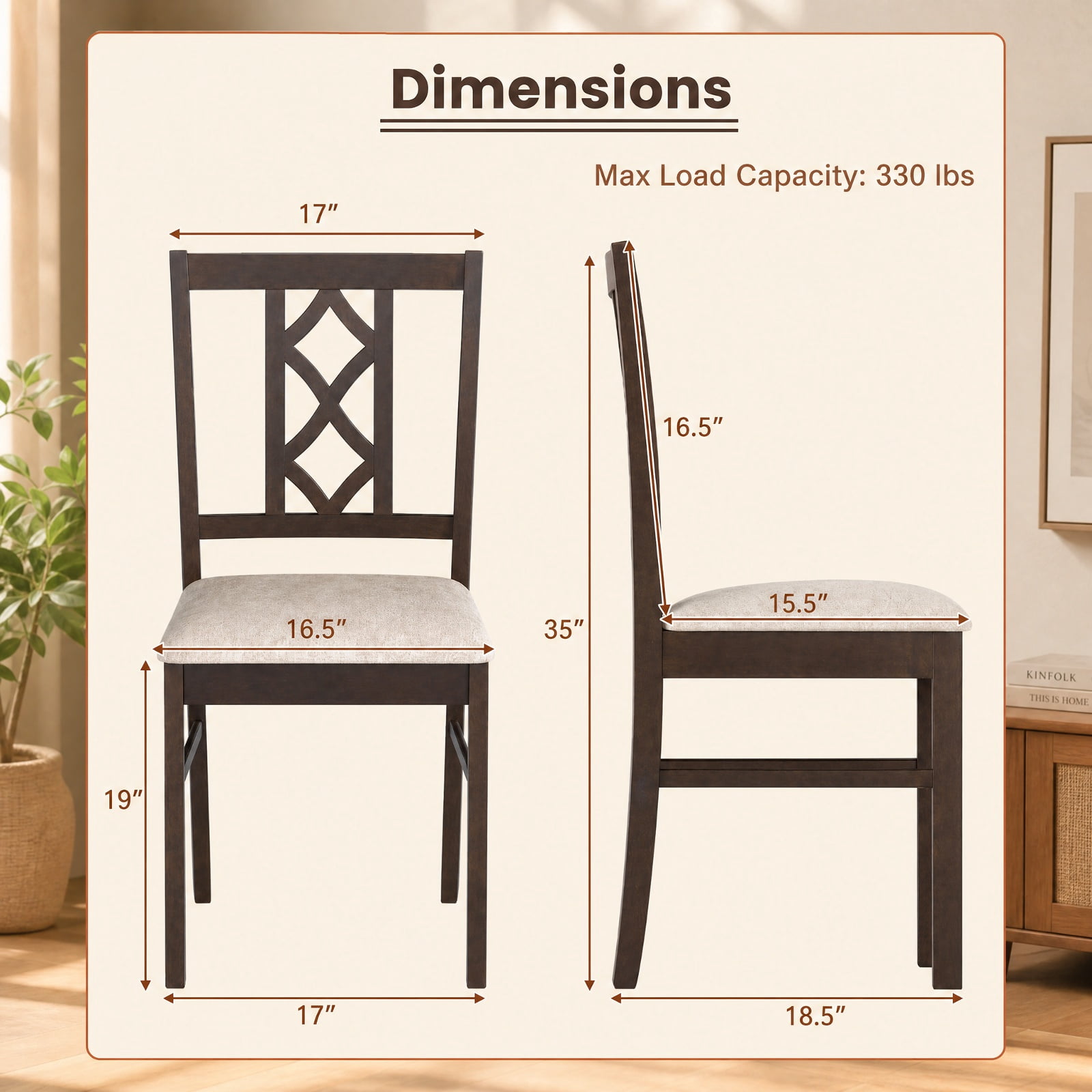Furnibear Rubber Wood Dining Room Chairs Set of 2 with Hollowed Backrest and Padded Faux Linen Fabric Seat for Kitchen, Brown