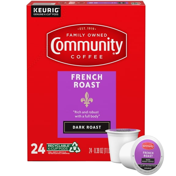 Community Coffee French Roast Single-Serve Coffee Pods, Extra Dark Roast, 24 Count Box Compatible with Keurig 2.0 K-Cup Brewers
