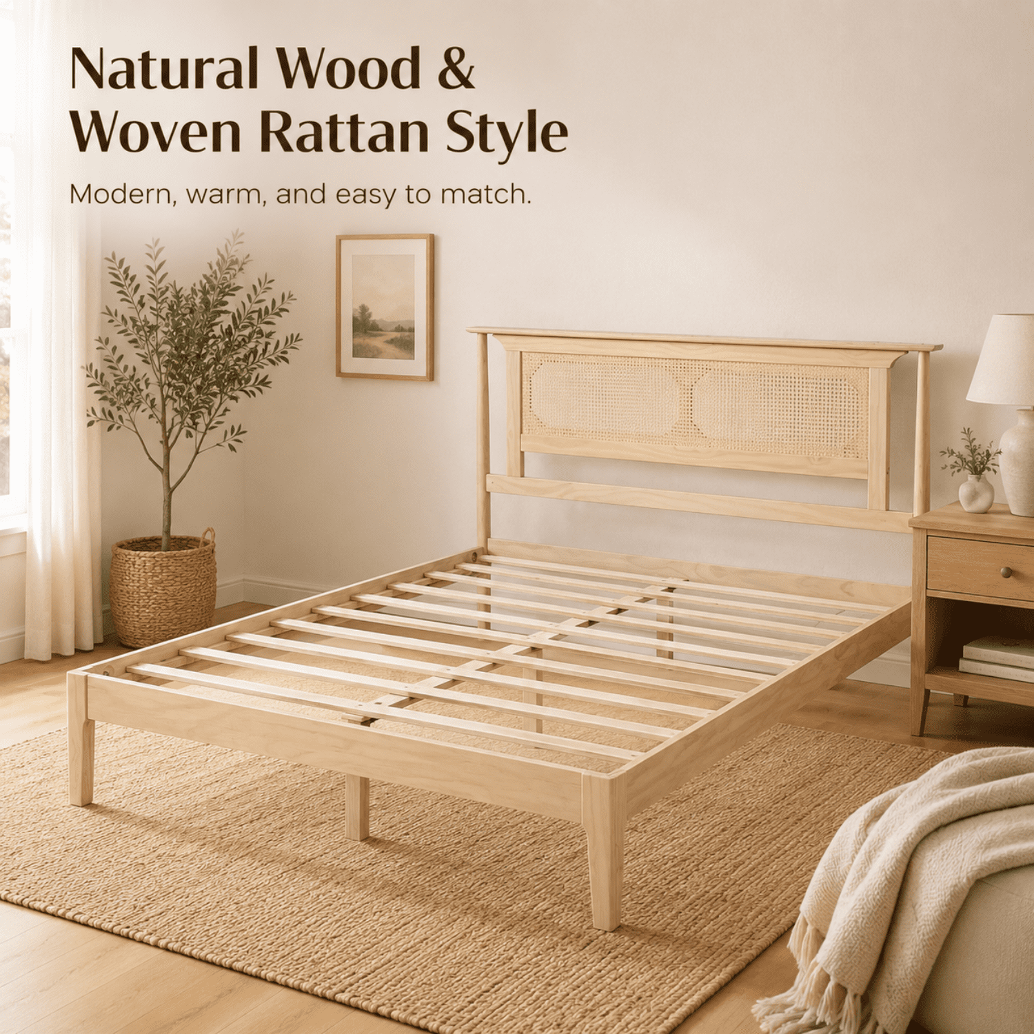 Miniyam Queen Bed Frame with PE Rattan Headboard, Pine Platform Bed, Natural